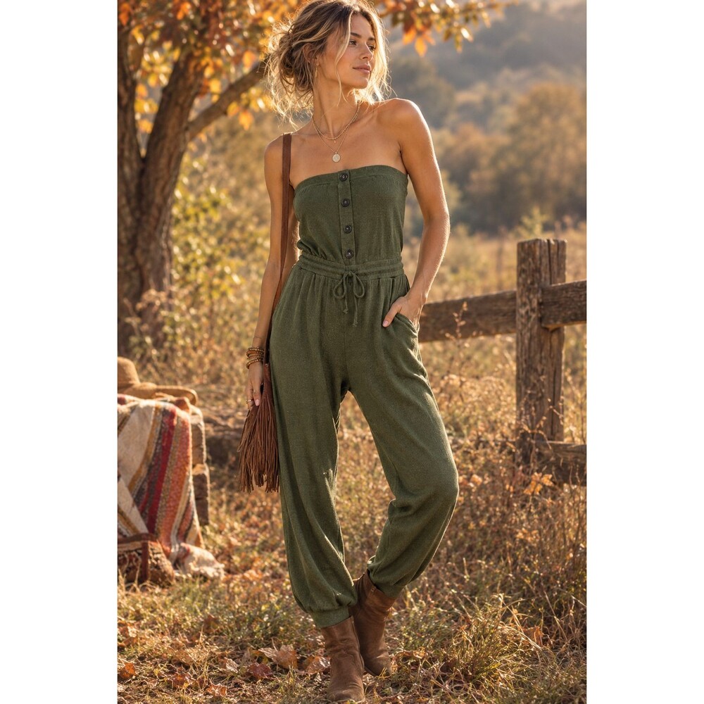 Jumpsuit Women's Small Olive Green Strapless Button Front Drawstring Waist Boho